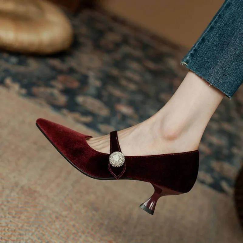 Shoes Women Pumps - Wine Red Pointed Toe Mary Jane