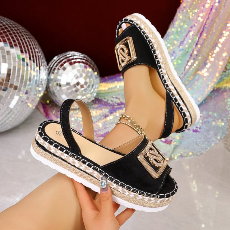 Espadrille Wedge Shoes - Womens Platform Espadrille Sandals Rhinestone Metal