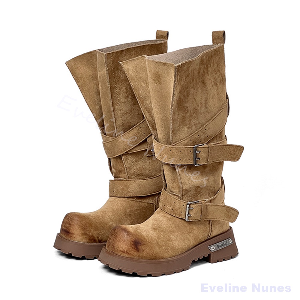 Wide Fit Heels - Wide-legged Belt Buckle Thick-soled Motorcycle Boots