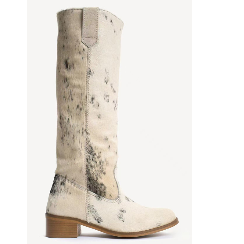 Western Cowgirl Boot - Women Cow Print Hair Round Toe